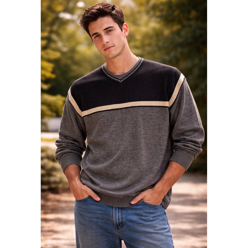Burnside Mens V Neck Y2K 2000s Sweater Charcoal Grey Beige Stripe Knit XL Freddy
